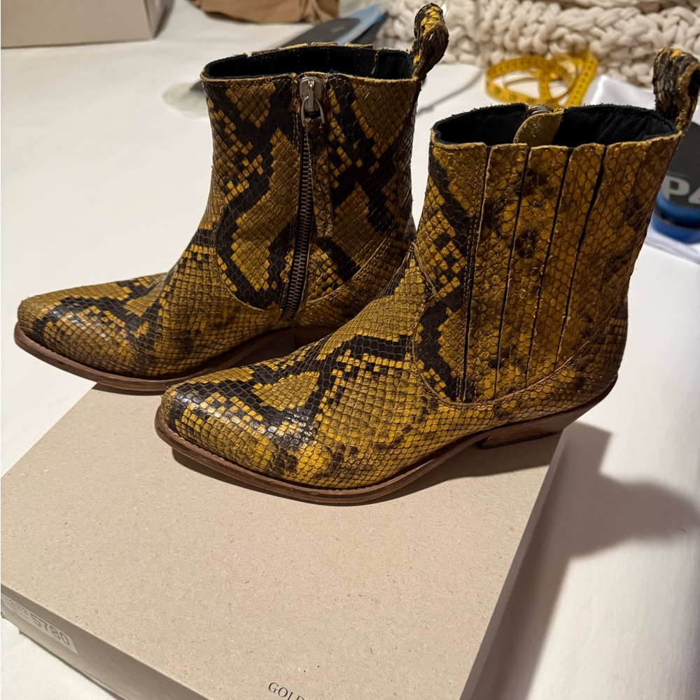 Golden Goose Limited Series, Santiago printed black mustard leather short boots.